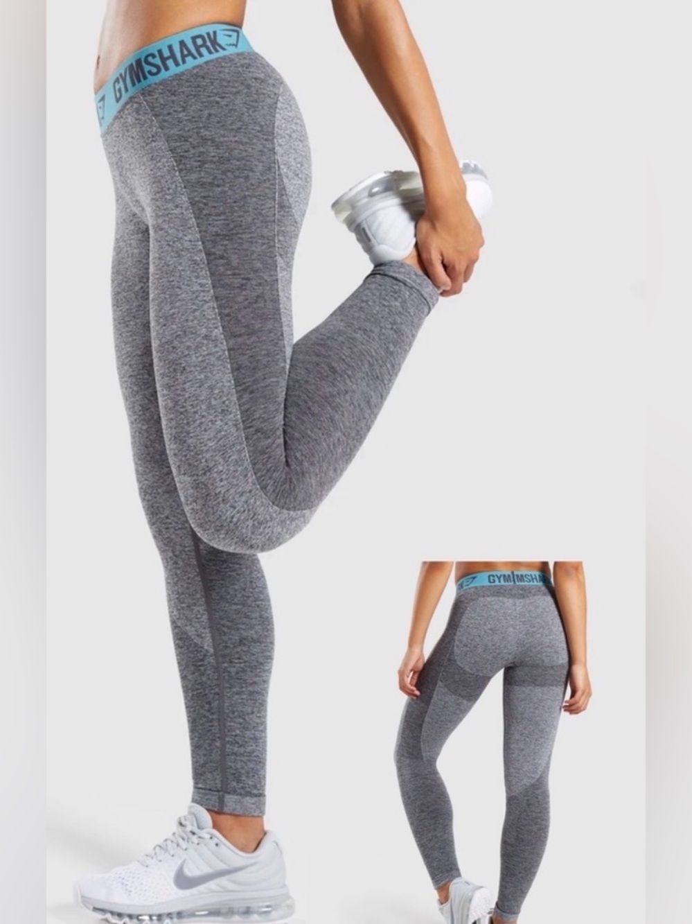 Gymshark Charcoal Seamless Leggings with Teal Logo Waistband